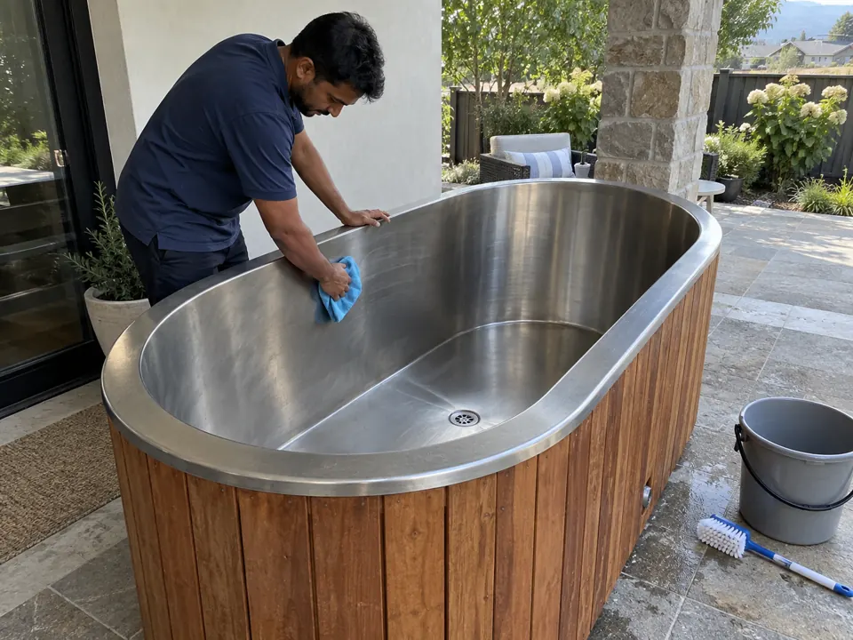Cleaning the stainless steel interior of a wooden cold plunge tub