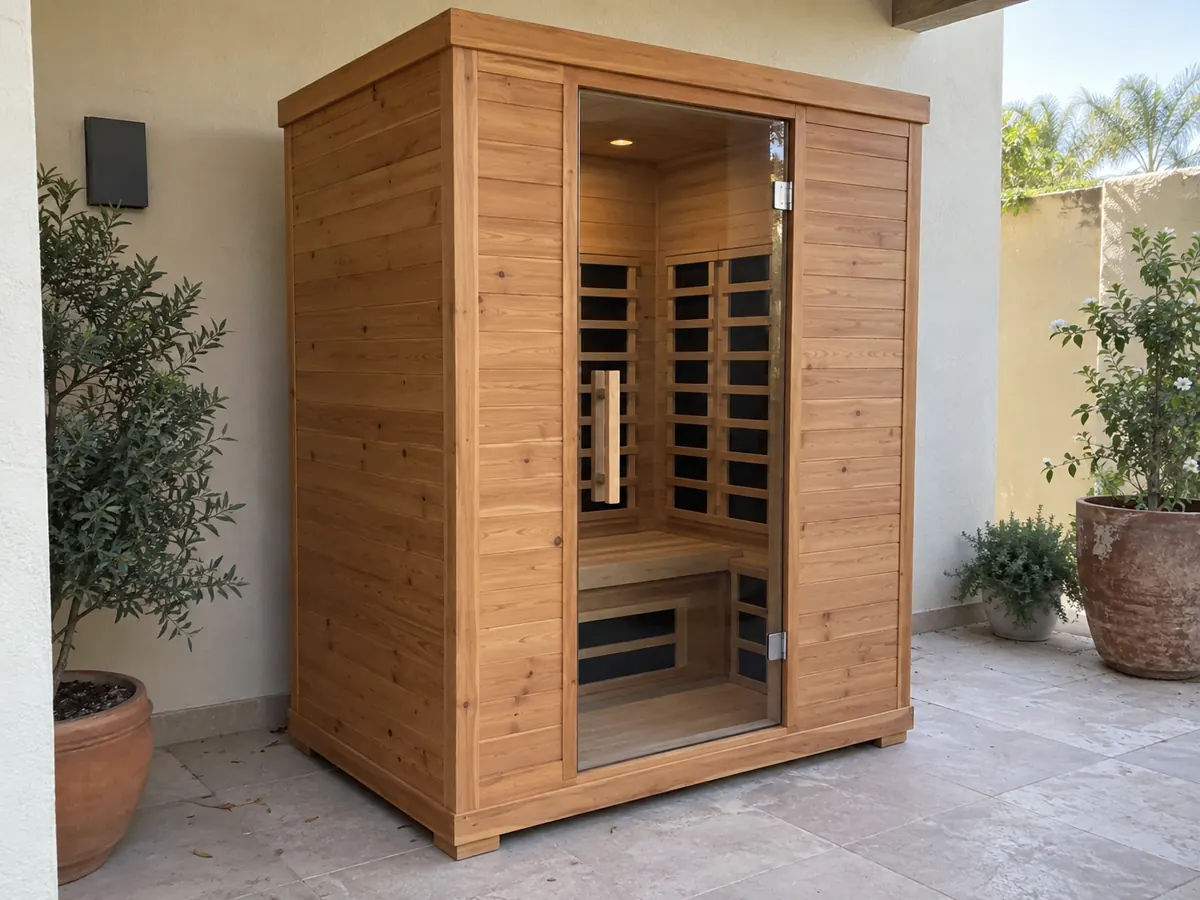 Complete freestanding infrared sauna cabin on a sheltered patio